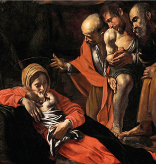 Caravaggio, "Adoração dos pastores" (detalhes), 1609. Museu Regional de Messina