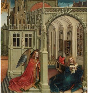 Robert Campin (1375-1444) (?), Anunciação, 1420-1425, óleo sobre tábua, 76x70 cm Museo del Prado, Madrid (Espanha)
