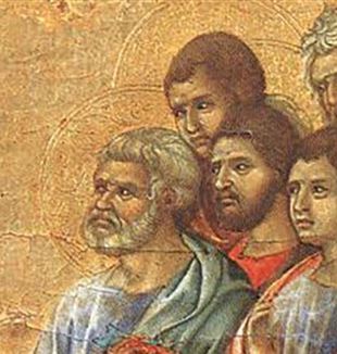 Duccio di Buoninsegna, particular dos discípulos em "A aparição de Cristo"