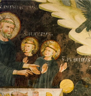 São Bento com São Mauro e São Plácido, os seus primeiros discípulos, num fresco conservado em Subíaco (foto monasterosanbenedettosubiaco.it).